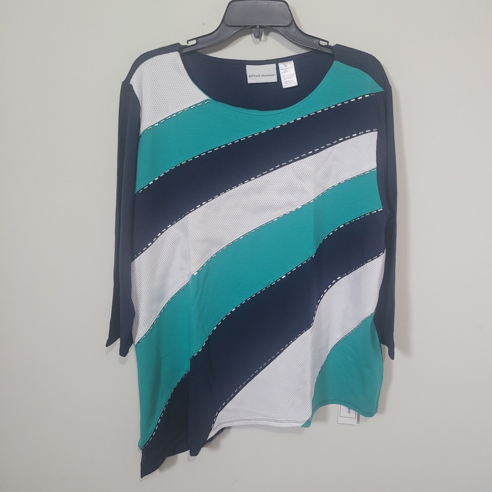 Alfred Dunner Size XL Top Women Navy Teal Stripe Studded Asymmetrical Hem NWT